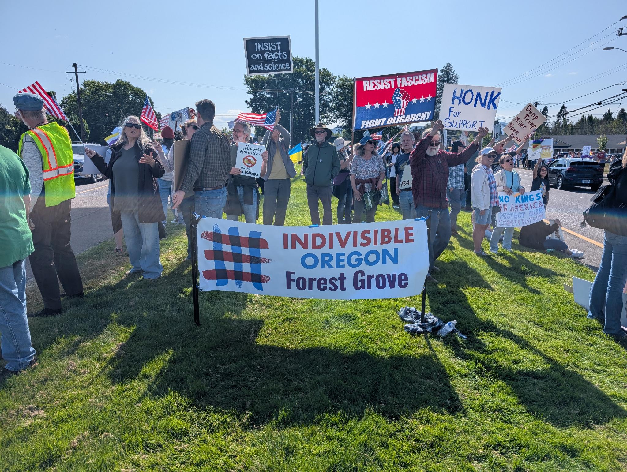 Image from our no kinds rally.  It shows the Indivisible Forest Grove banner, and the crowd we had that day.